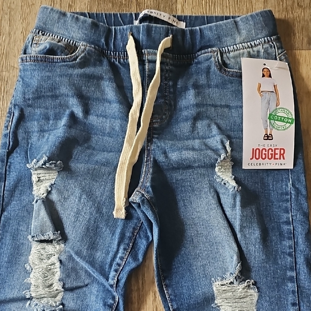 Celebrity Pink Blue Distressed Jogger Jeans with Elastic Waistband - Picture 3 of 7